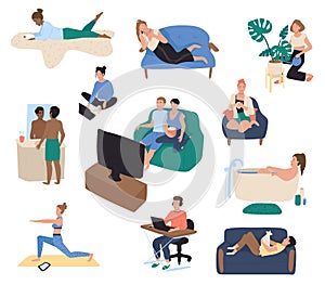 Home leisure, people resting on couch after work, vector illustration