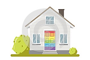 Home with LGBT rainbow flag on the door. vector isolated on white background