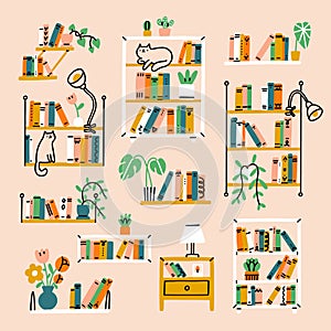 Home library aesthetic, vector illustration collection