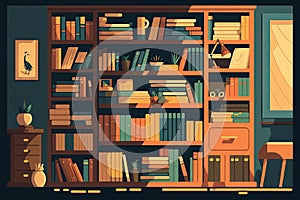 Home library, bookcase. Cartoon illustration. Generative ai