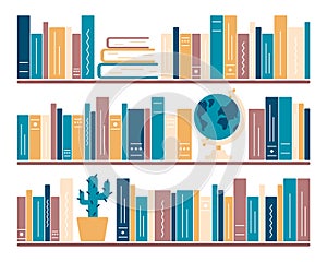Home library. Bookshelves with globe and cactus. Stack of books and literature. Office interior. Prickly house plant