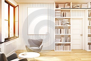 Home library with gray armchairs, toned