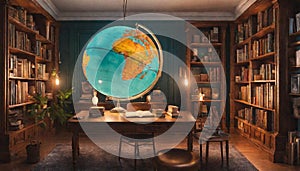 A home library with neon-lit globe decorations, igniting