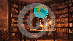 A home library with neon-lit globe decorations, igniting