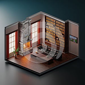 Home library room design. Interior of library house with a fireplace. 3d illustration