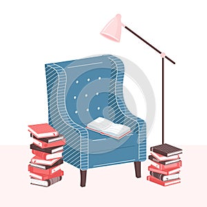 Home library. Stack of books, open book, armchair and lamp in living room. Pile of books vector illustration. Home