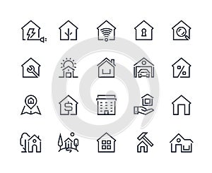 Home line icons. Browser interface button, home page pictogram, houses and city building constructions. Vector real