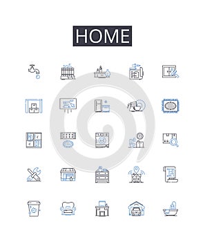 Home line icons collection. Thrill, Expedition, Excitement, Quest, Challenge, Escapade, Adrenaline vector and linear photo