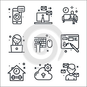 Home line icons. linear set. quality vector line set such as mails, cloud, fitness, cat, girl, rest time, emails