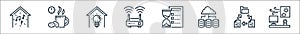 Home line icons. linear set. quality vector line set such as work station, file sharing, cloud hosting, time management, wifi