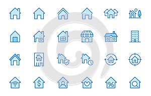 Home line icons set. House, residential building, homepage, property mortgage minimal vector illustrations. Simple flat