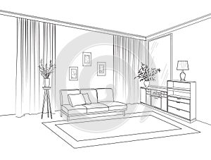 Home living room interior. Outline sketch of furniture with sofa