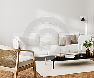 Home living room interior with white sofa and coffee table with decor, sunlight on white wall, 3d render