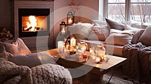 Home living room on a winter evening with cozy fireplace in style of Hygge. Soft blankets and cushions on the sofas