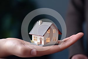 Home loan for new family symbolized by hand holding paper house model