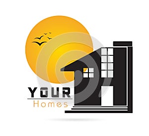Home logo, house icon, realty silhouette, real estate modern logo, architecture symbol rise, evening building icon vector design