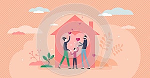 Home love vector illustration. Covid-19 stay home flat tiny persons concept.