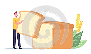 Home Made Bakery, Tiny Man with Huge Baked Tommy, Happy Male Character Holding Piece of Homemade Bread Loaf