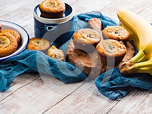 Home made banana muffins on blue napkin