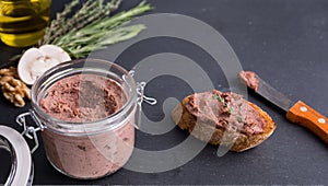 Home made bread on slate black board with vegan foie gras made with nuts, mushrooms and herbs