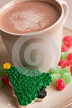 Home made Christmas tree cookie with hot chocolate