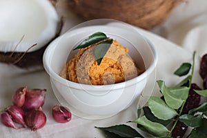 Home made coconut chutney with red chilly to go with dosa and idly, a main south Indian dish