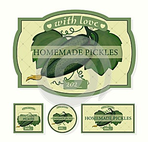 HOME-MADE CUCUMBER LABELS. Sticker for homemade pickled cucumbers in a jar. Template for a craft chef. Pickles. home pickling