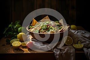 Home made dish of Nachos on wood table. Ai generate