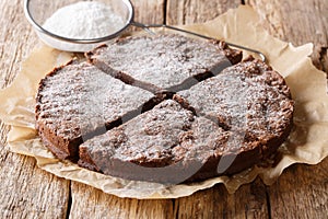 Home-made fresh Swedish dessert: kladdkaka chocolate sticky cake