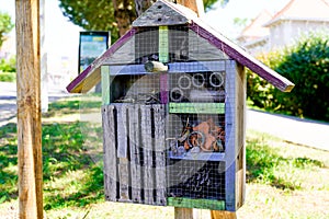 Home made insect wooden house or bug hotel ladybird bee home for garden to help butterfly hibernation and ecological gardening