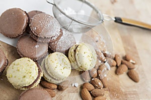 Home-made macarons with power sugar and almonds