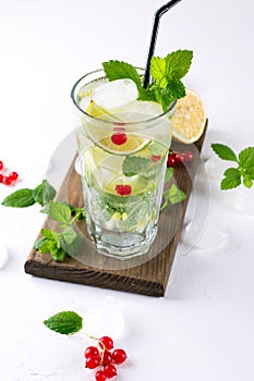 Home made mojito cocktail with lemon, lime, mint leaves, with ice and red currant . Summer drink