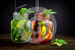 Home-made Mojito with strawberries in a glass jar