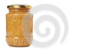 home made mustard in glass bottle isolated on white background. copy space, template