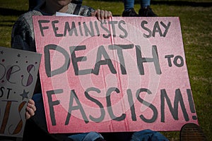 Home made protest sign - Feminists say death to fascism - held by unidentifable woman at outdoor march