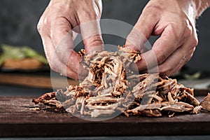 Home made pulled pork ready to be eaten.