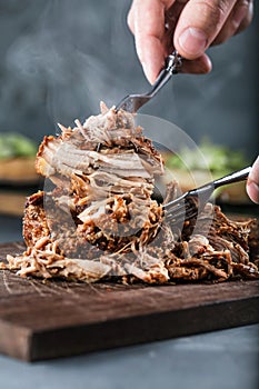 Home made pulled pork ready to be eaten.
