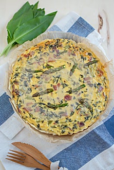 Home made quiche with green asparagus