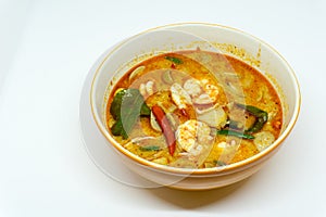 Home Made River prawn spicy soup in bowl or Tom Yum Kung. thai spicy food. with copy space.