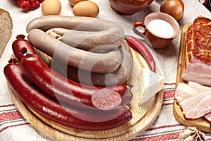 Home-made sausages on the cutting board.