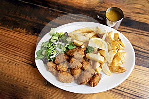 Home made scampi and chips served with mixed vegetables salad and lemon on top, English traditional menu, fresh food,selective