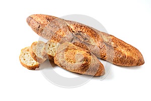 Home made sliced baguette bread isolated on white background