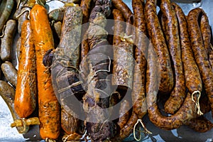 Home made smoked sausage, rolled meat, liver sausage