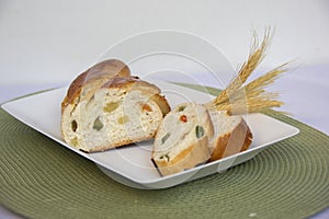 Home made sweet braided bread. Bread with crystal fruit.