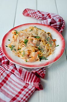 Home made tagliatelle with shrimps