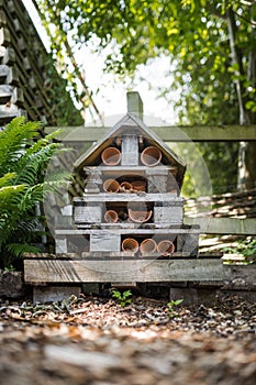 Home made wild wooden bug house for insects and ecological preservation