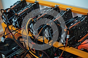 Home made Working graphic video cards for e-currency. Computer for Bitcoin and cryptocurrency virtual mining. Crypto farm.