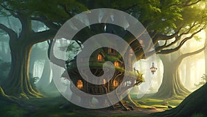 Home of magic fairy forest tree house Ai Generated