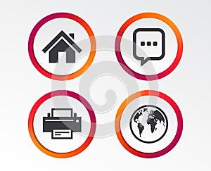 Home main page and globe signs. Printer, chat.