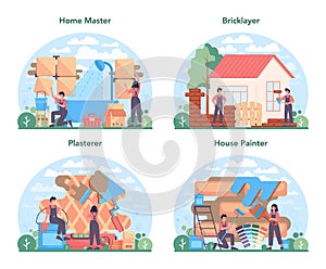 Home master concept set. Repairman applying finishing materials.